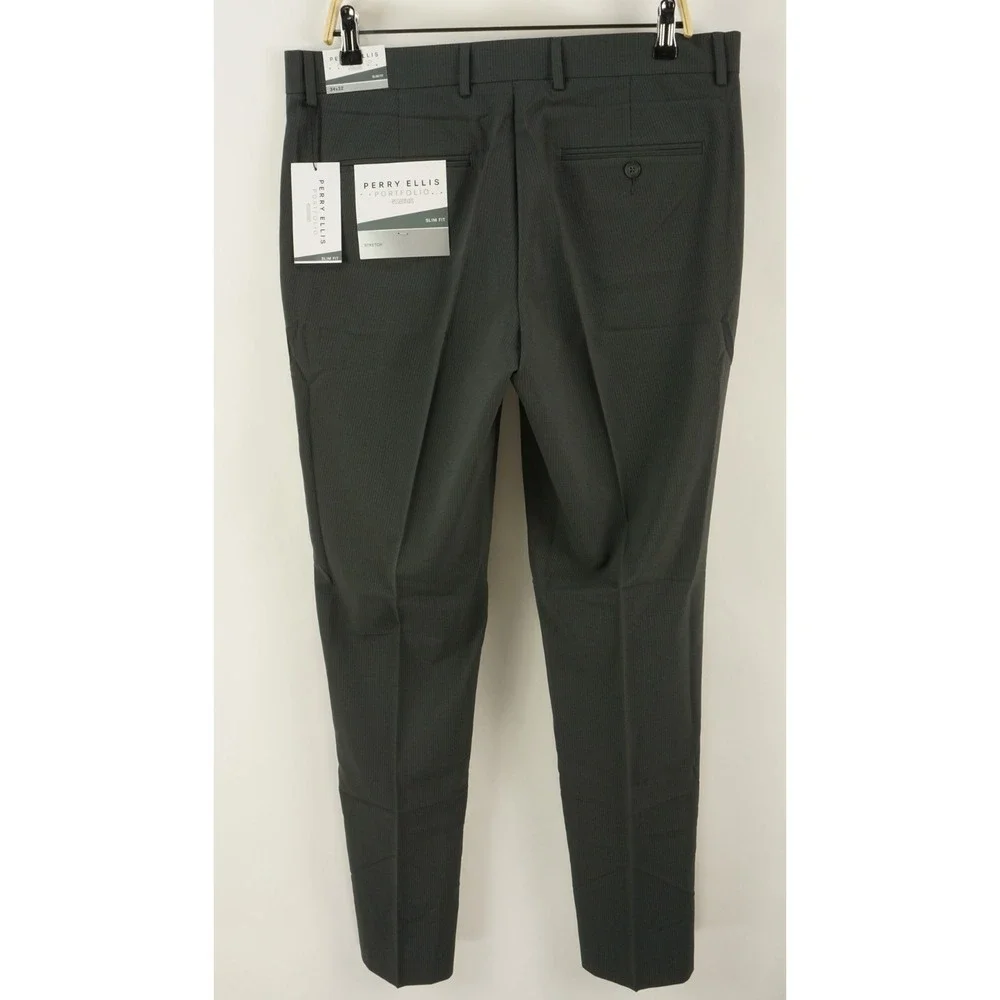 New Perry Ellis Portfolio Slim Flat Front Pants Men 34 x 32 Gray Striped Stretch
